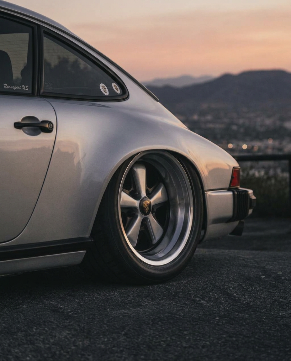 Fuchs wheel and silver bodywork of a classic Porsche 911