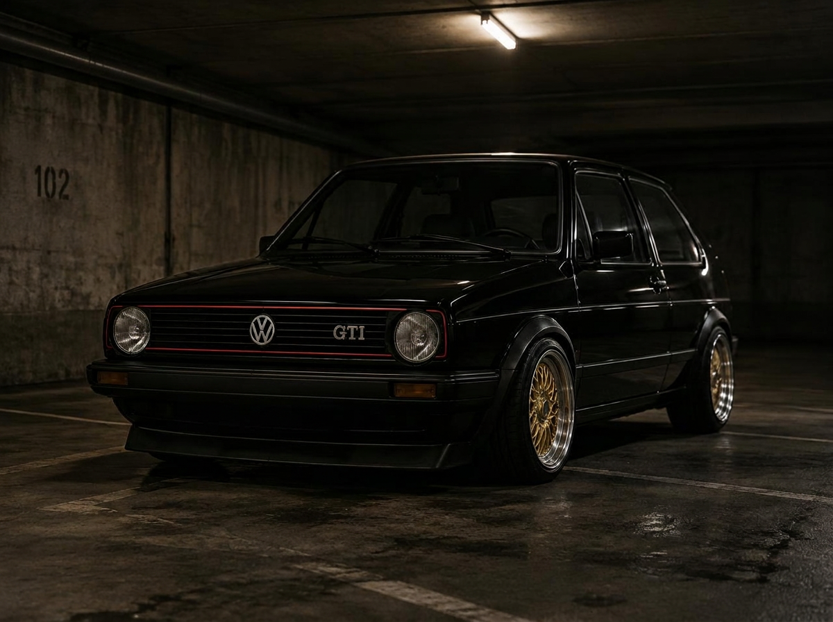 Classic Volkswagen Golf on gold mesh wheels
