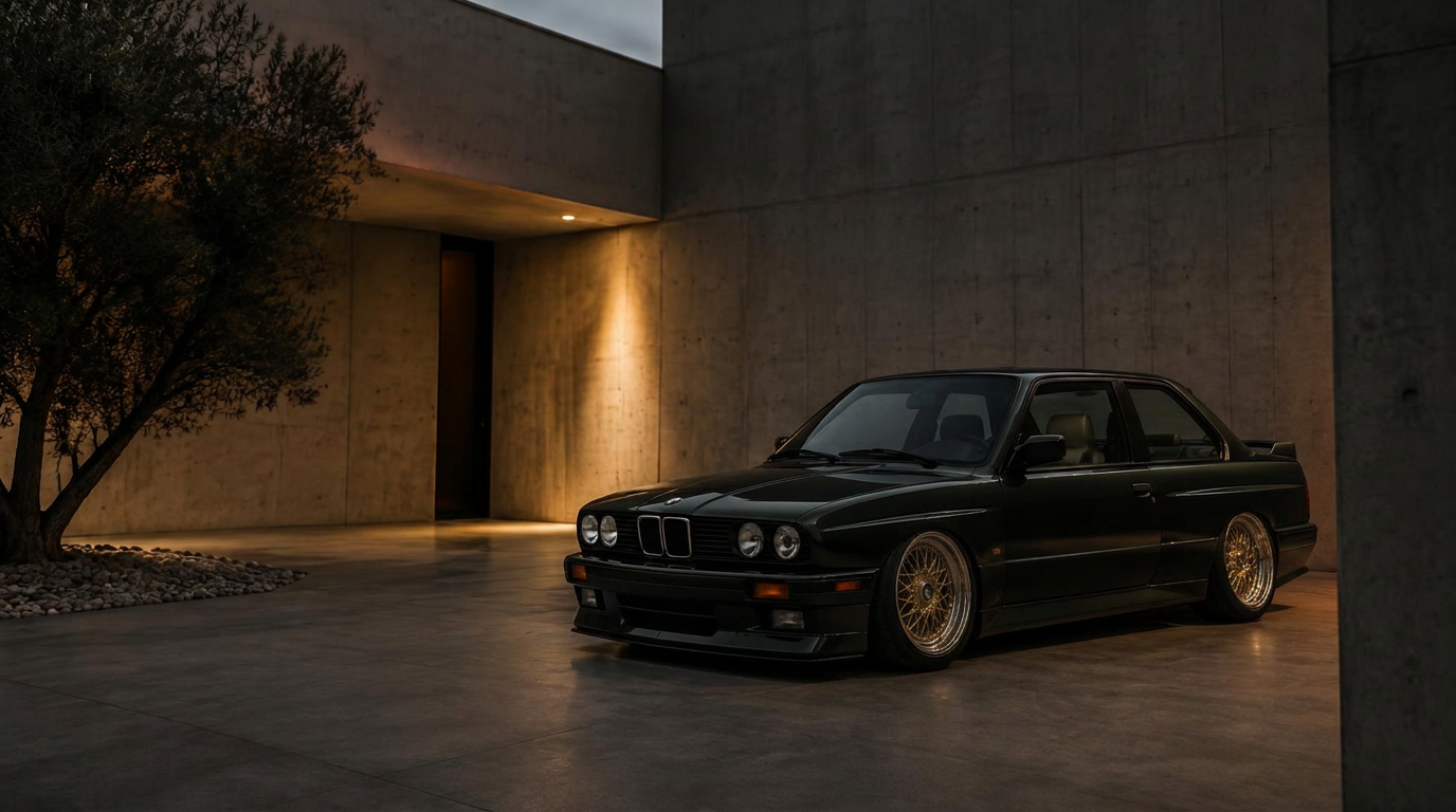 Lowered BMW E30 in a concrete architectural courtyard