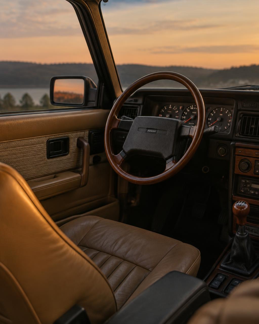 Tan leather interior and wooden steering wheel of a classic Volvo
