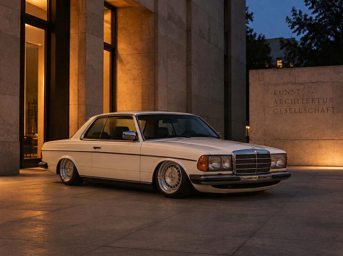 Classic white Mercedes coupe lowered on polished wheels
